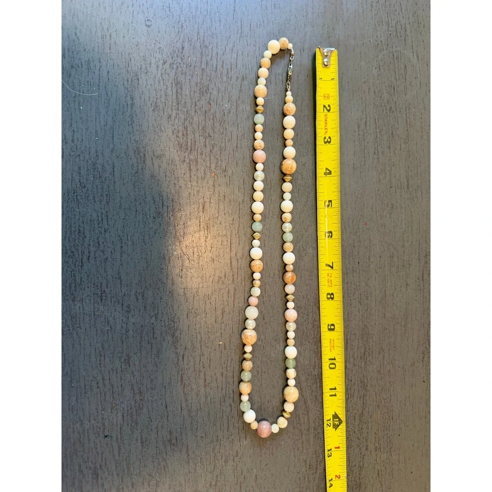 Vintage Beaded Stone Faux Pearl Necklace Earth Tone Pastel Gold Tone Clasp 24in